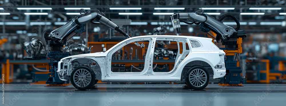 Poster car frame is being built on assembly line with robotic arms. modern factory setting showcases advanc