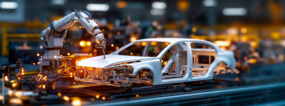 Poster robotic arm assembles car frame in modern factory setting, showcasing advanced manufacturing technol