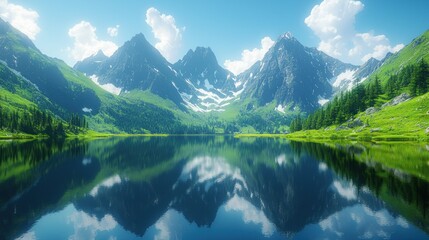 Alpine lake reflecting majestic peaks under sunny sky.