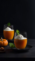 A sophisticated dessert presentation featuring a glass of apricot flavored treat, garnished with whipped cream. Fresh apricots complement the dish, offering a blend of elegance and fruity flavor.

