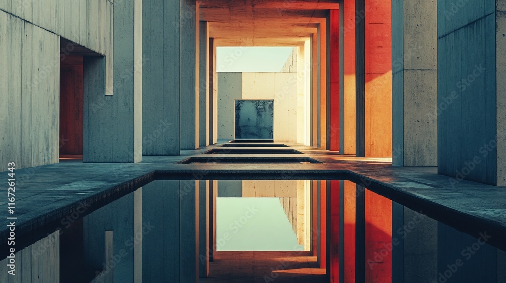 Poster modern concrete architecture with water reflection.