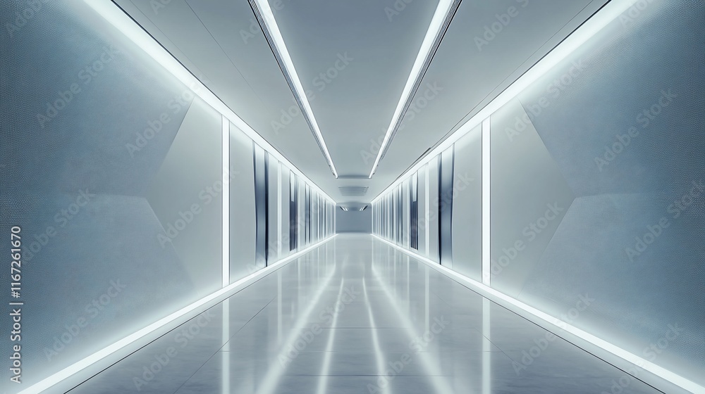 Aufkleber lit white corridor with floor reflection.