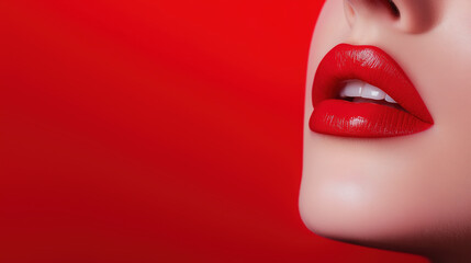 Obraz premium Red lips close up of caucasian woman against vibrant red background