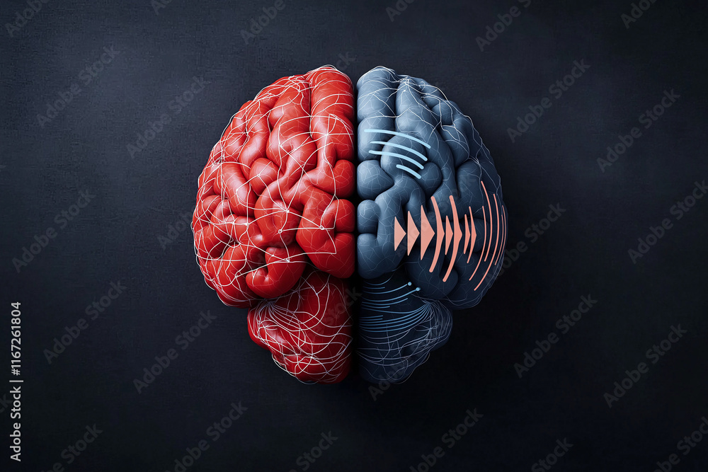 Poster colorful brain illustration showcasing neural connections, with one side in red and other in blue, s