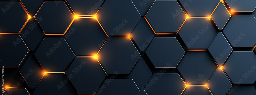 Poster dark hexagonal pattern with glowing orange elements, creating a futuristic tech design. this abstrac