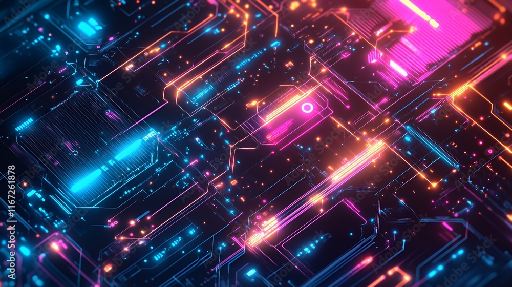 Poster abstract neon circuit board design showing complex technology