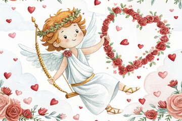 Seamless Pattern Valentine Angel with heart.