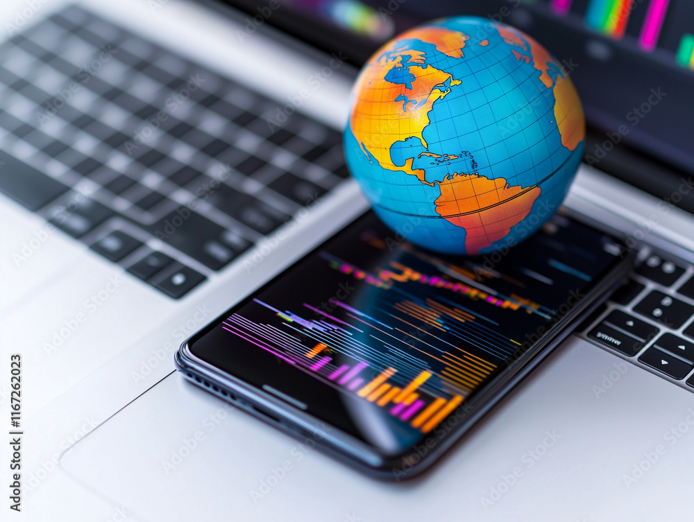 Poster colorful globe rests on smartphone displaying data analytics, symbolizing global connectivity and te