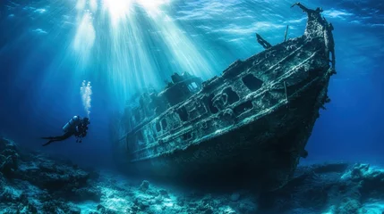 Fototapeten Sunken Ship: Scuba Diver Explores Shipwreck in Blue Mediterranean Waters  © Oleg