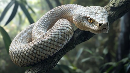 Fototapeta premium Sinister Close-up of Venomous Snake Coiled on Branch in Jungle Setting with Intense Lighting and Reflective Scales