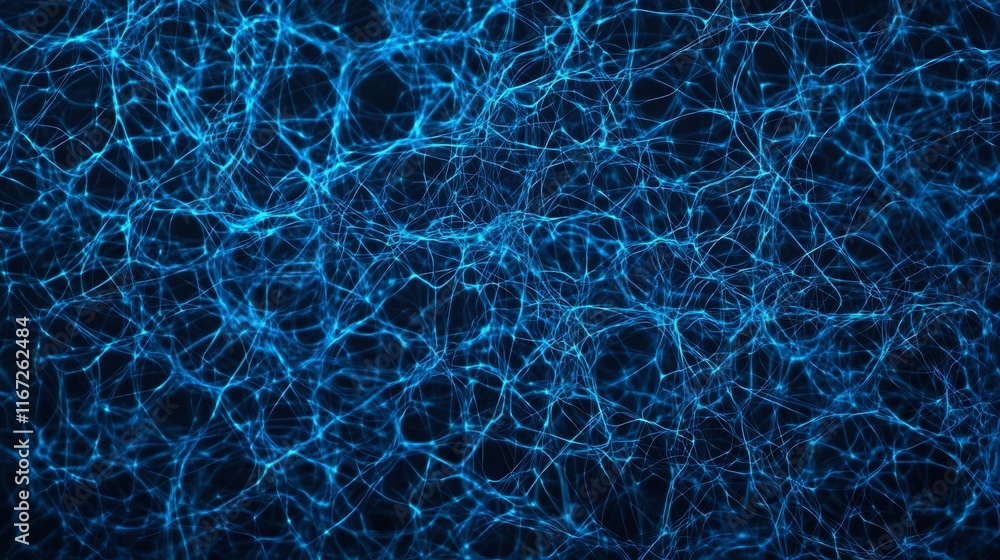 Poster glowing blue abstract data streams against dark gradient background