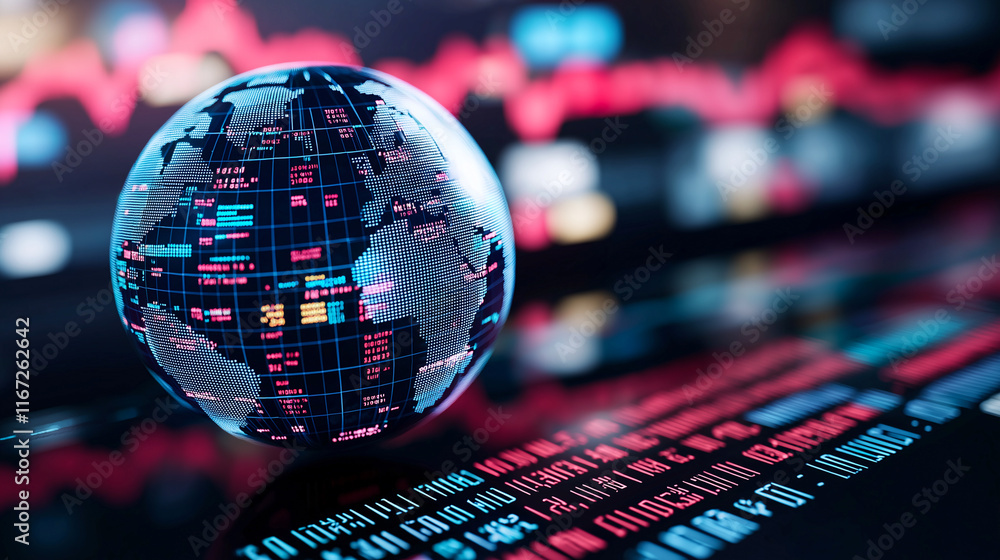 Poster digital globe showcasing data analytics in futuristic setting, surrounded by vibrant graphs and numb