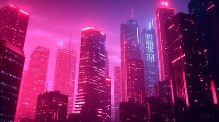 Obraz premium Futuristic Glowing Cityscape with Illuminated Skyscrapers Symbolizing Technology