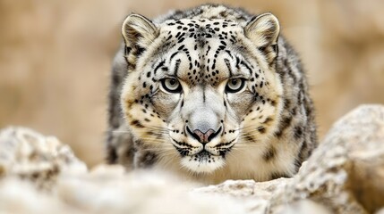 Fototapeta premium Stealthy Snow Leopard on Rocky Terrain - Captivating Mid-Motion Shot with Piercing Gaze | Ultra-Focused Wildlife Photography