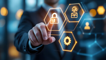 Cybersecurity, Finger Touching Security Icon, Data Protection, User Authentication Interface, Online Security, Access Control Technology