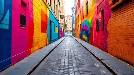Fototapeta premium Vibrant Urban Alleyway with Colorful Street Art Murals Showcasing City Culture