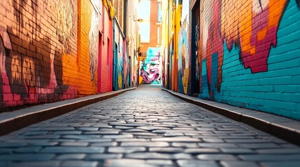 Fototapeta premium Vibrant Alleyway with Colorful Street Art and Murals Capturing Urban Culture