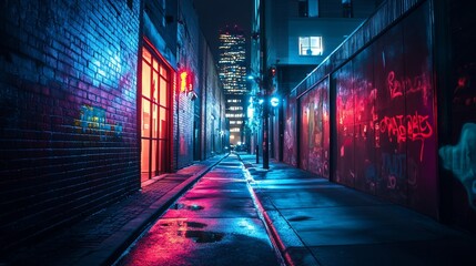 Neon alley with graffiti walls.