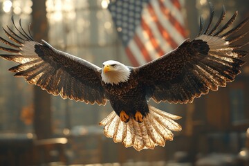 Bald Eagle Flying Against American Flag, Majestic Bird of Prey, National Emblem of the United States