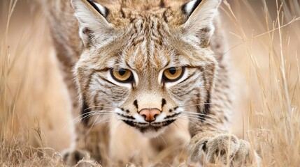 Obraz premium Majestic Wildcat Portrait: Intense Close-up of Powerful Predator with Piercing Eyes and Sharp Claws in Lush Grasslands