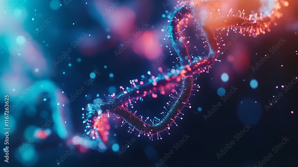 Poster abstract dna helix structure with glowing particles.