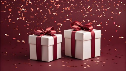 Valentine's day elegant gift boxes wrapped in white with red satin bows and shimmering confetti on a deep red background, ideal for romantic celebrations, festive visuals, and holiday-themed projects
