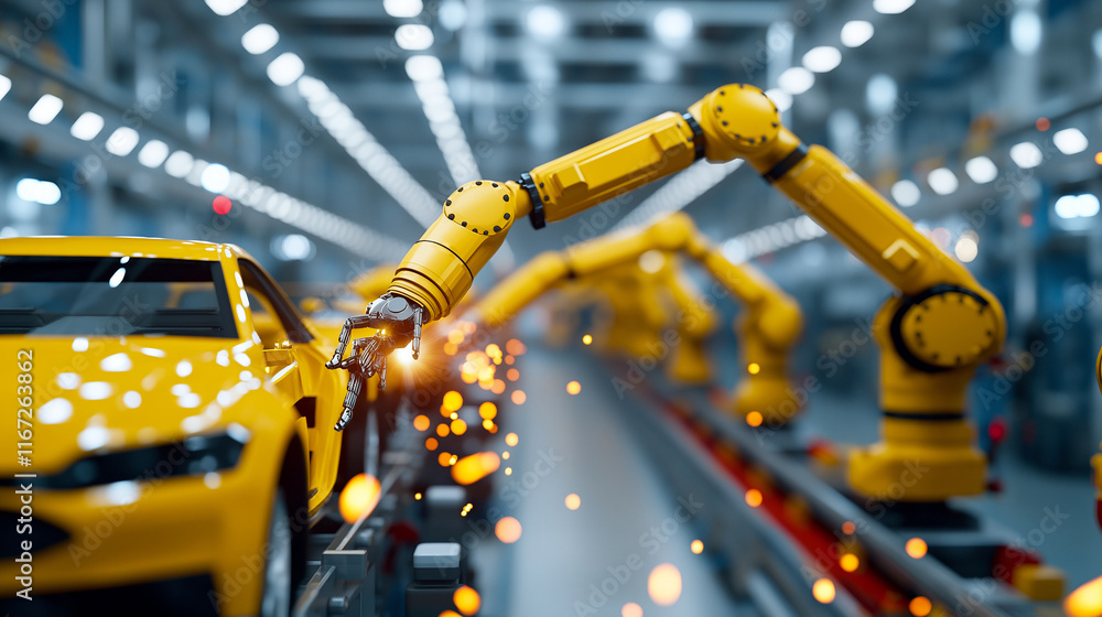 Poster group of yellow robotic arms assembling cars in factory, showcasing advanced automation and precisio