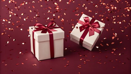 Beautiful valentine's day presents with luxurious red ribbons and sparkling confetti scattered on a red backdrop, perfect for holiday marketing, romantic-themed designs, and seasonal campaigns