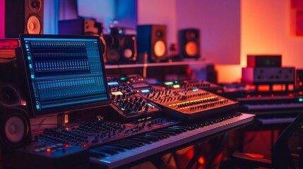 Music studio with audio equipment in neon lights.