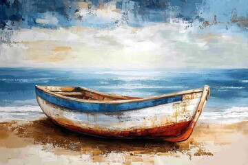 Old wooden fishing boat resting on sandy beach painting