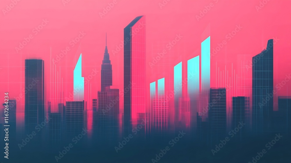 Poster futuristic urban skyline with overlaid charts and graphs for financial data visualization