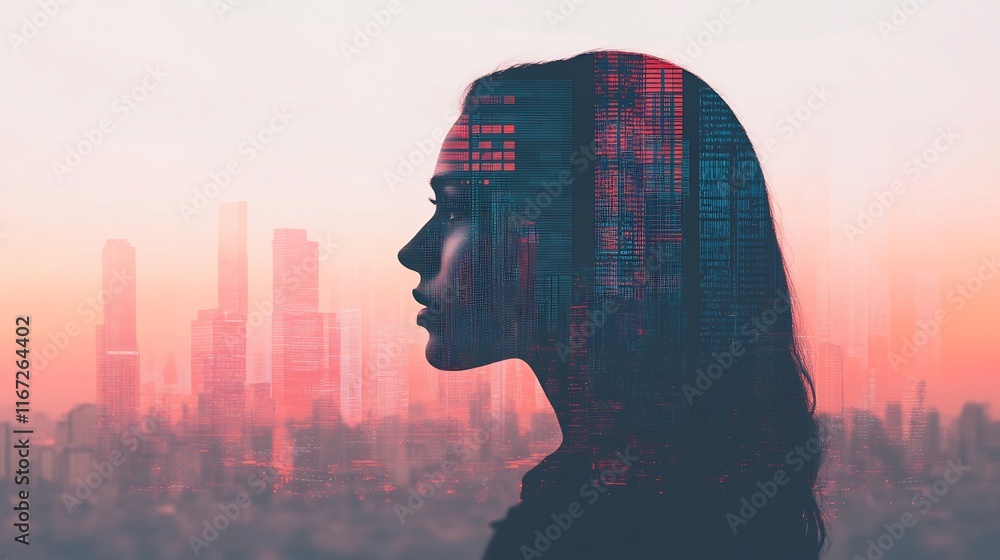 Poster futuristic cityscape with overlaid data visualizations for business insights and analysis