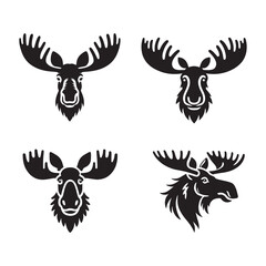 Moose Face Silhouette Vector Set - Detailed Wildlife Illustrations in Black and White	
