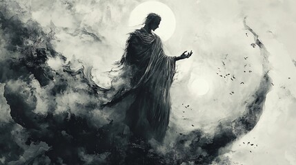 Cloaked figure amidst swirling mist, with sun.