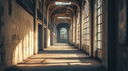 Empty, aged, interior hallway with arched windows.