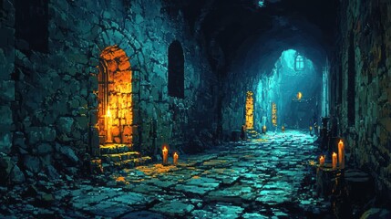 Knight in a Dimly Lit Dungeon Pixel Art Scene with Shield and Candlelight