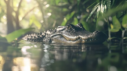 Obraz premium Majestic Alligator Sunbathing in Serene Riverbank Oasis with Sunlight Peeking Through Lush Vegetation