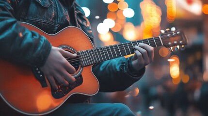 Naklejka premium Man plays guitar, street bokeh background.
