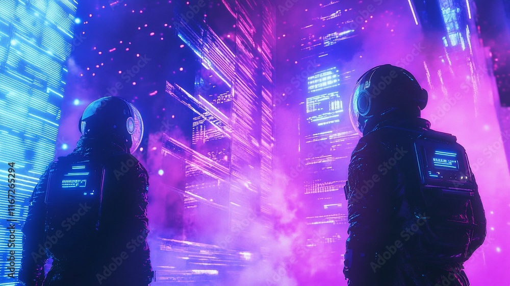 Aufkleber astronauts observe digital city.