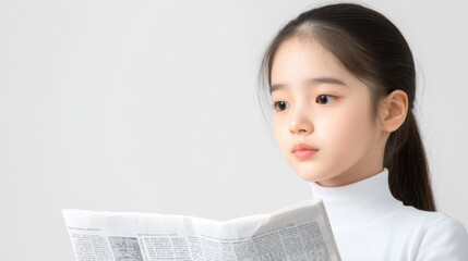 A young girl reading a newspaper with a thoughtful expression.