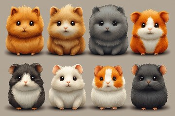 A cute arrangement of cartoon-style guinea pigs in various colors and patterns.