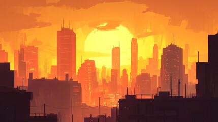 Naklejka premium Urban Skyline at Golden Hour with Atmospheric Mood