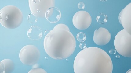 White spheres, clear bubbles float against light blue backdrop.