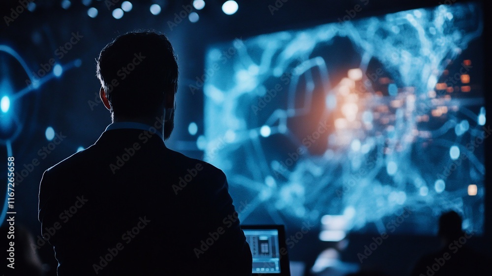 Poster Speaker at tech presentation with abstract background.