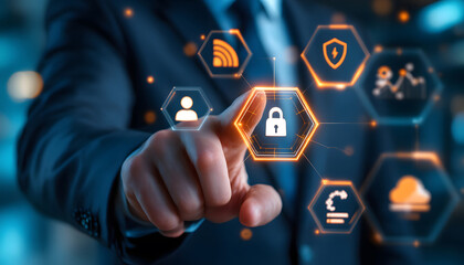 Cybersecurity, Finger Touching Security Icon, Data Protection, User Authentication Interface, Online Security, Access Control Technology