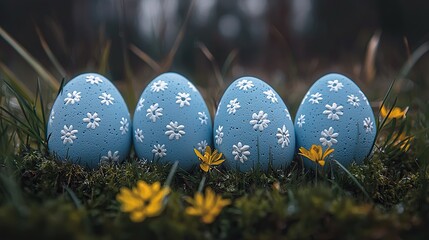Blue decorated eggs in grass with blurred outdoor background use seasonal.