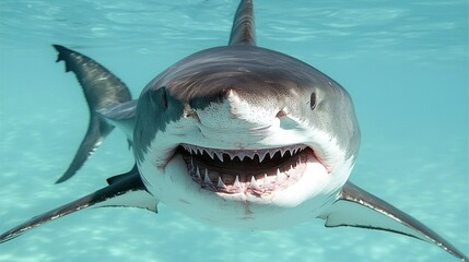 Predator of the Deep: Intense Close-Up of Ferocious Great White Shark in Clear Waters