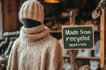 Mannequin wearing recycled wool sweater and beanie in sustainable fashion store