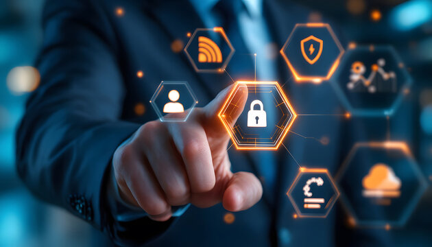 Cybersecurity, Finger Touching Security Icon, Data Protection, User Authentication Interface, Online Security, Access Control Technology