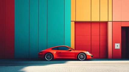 Red car parked by modern building.